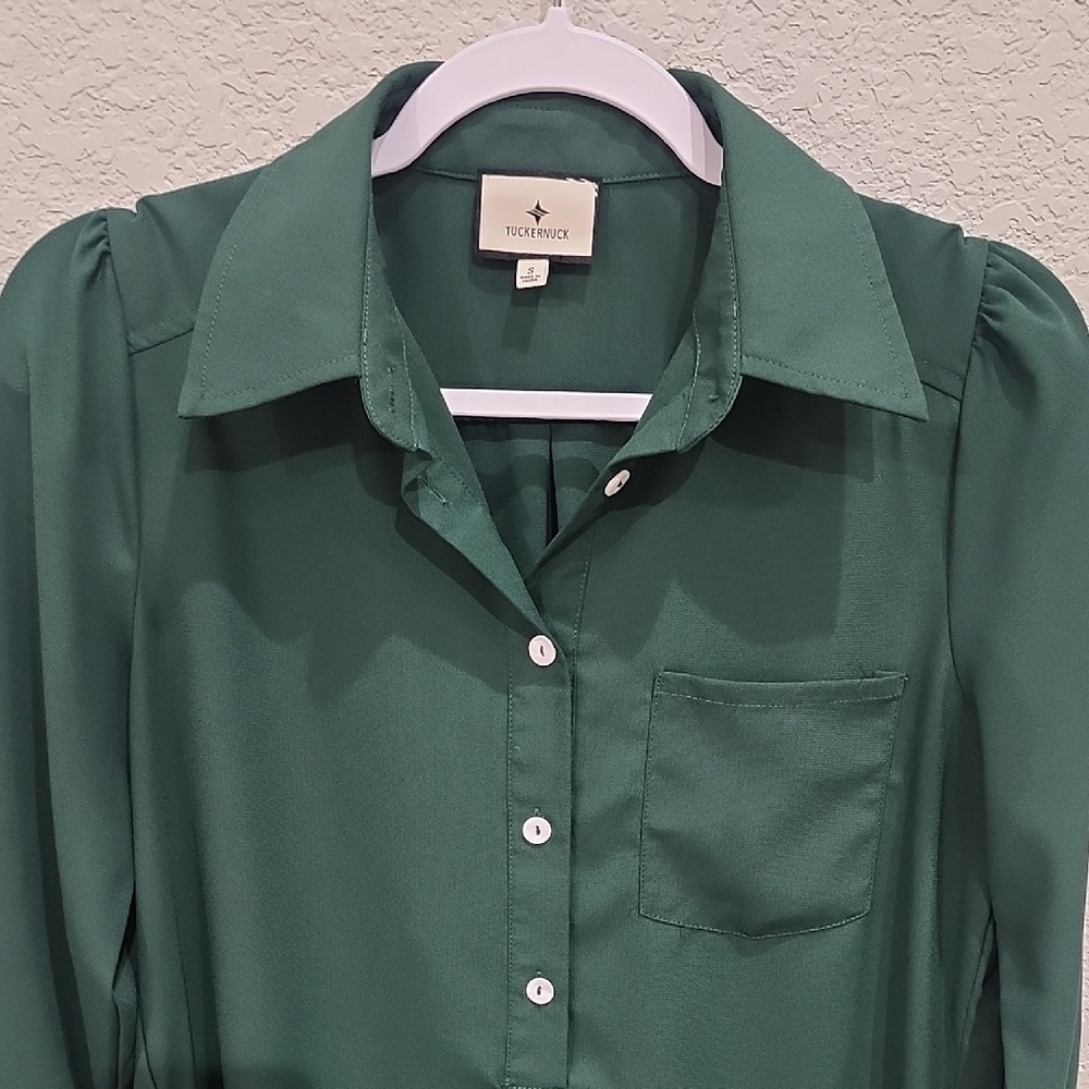 Tuckernuck Hunter Green Preppy Crepe Callahan Shirt Mini Dress Quiet Lux Ruffle - Picture 5 of 12
